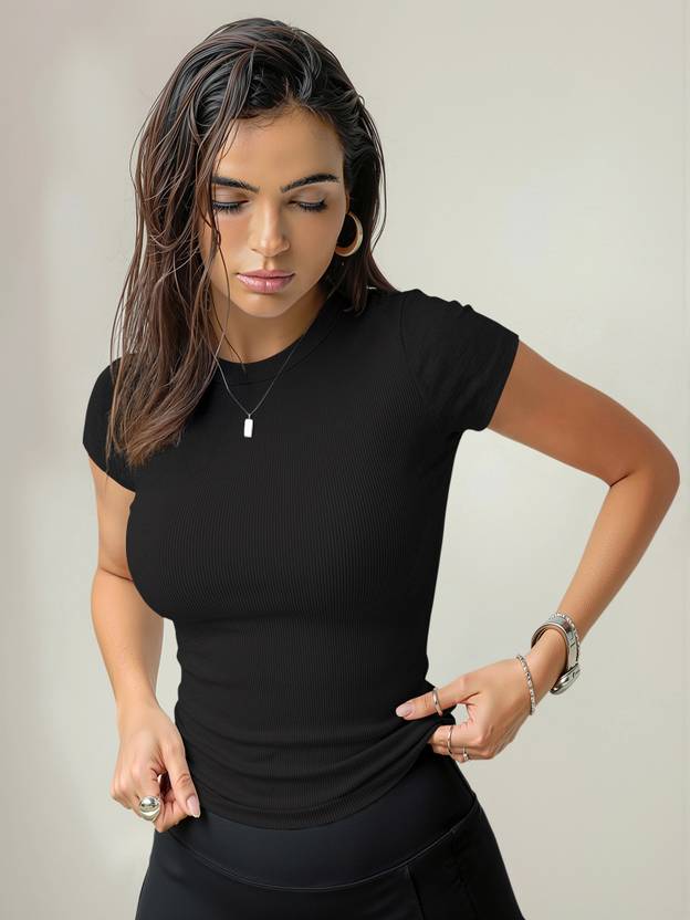 NAVYANKAA Casual Regular Sleeves Self Design Women Black Top