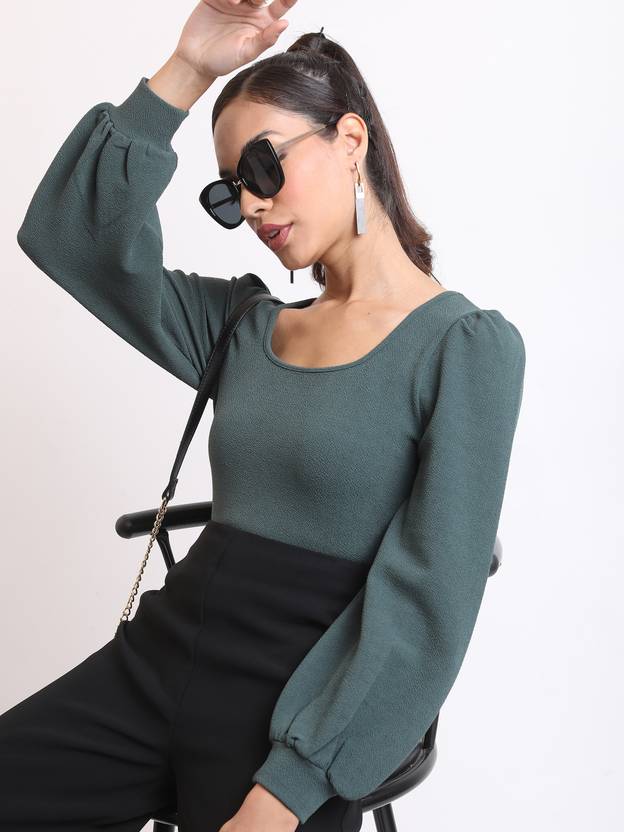 KETCH Casual Bishop Sleeve Self Design Women Green Top
