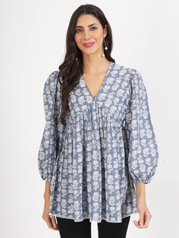 KALINI Casual Regular Sleeves Printed Women Grey Top