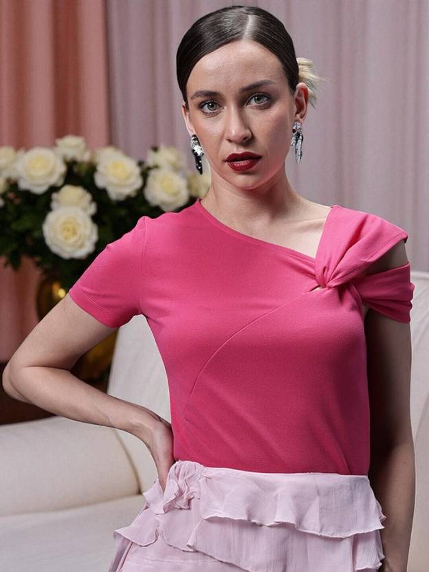 Moshe Casual One Shoulder Sleeves Solid Women Pink Top