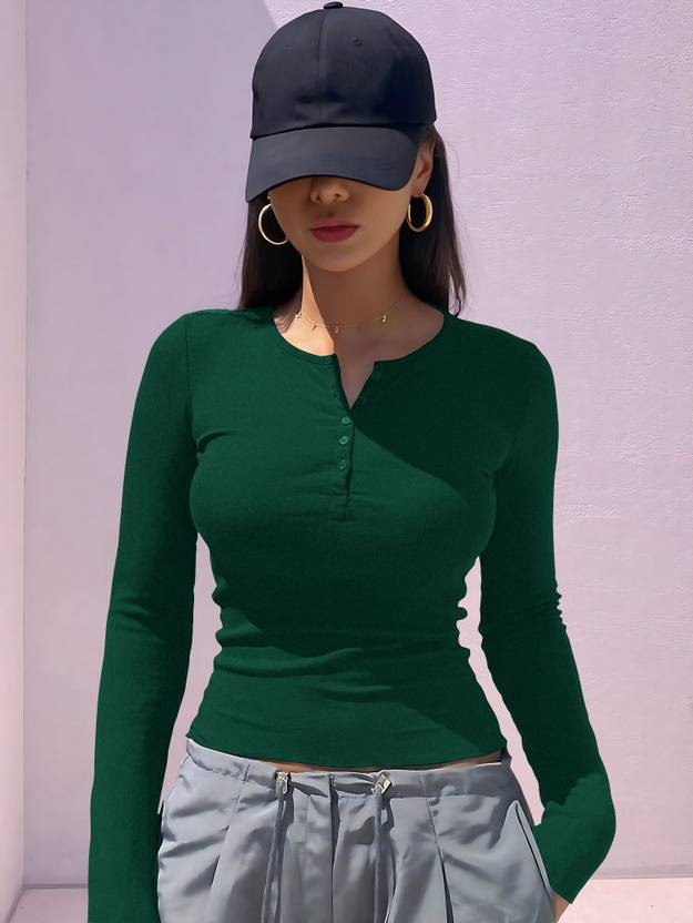 NAVYANKAA Casual Solid Women Dark Green Top