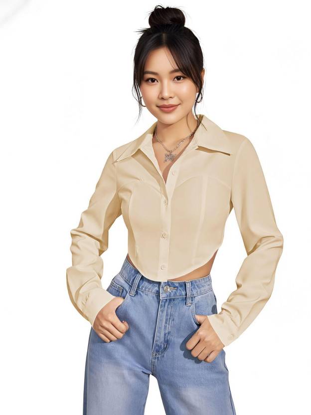 Leriya Fashion Casual Regular Sleeves Self Design Women Beige Top