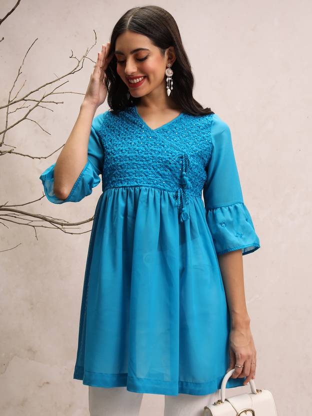 KETCH Casual Bell Sleeves Embroidered Women Blue Top