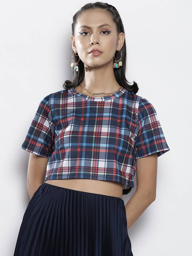 SASSAFRAS Casual Regular Sleeves Checkered Women Blue Top