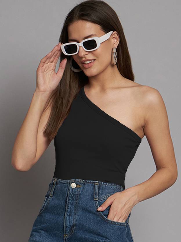 ADDYVERO Casual One Shoulder Sleeves Solid Women Black Top