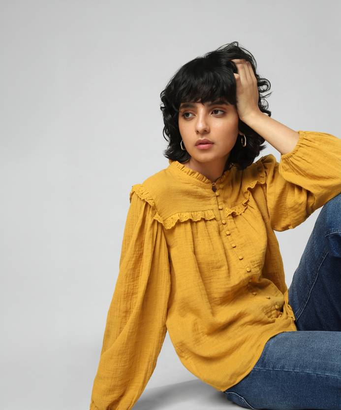 ONLY Casual Puff Sleeves Solid Women Yellow Top