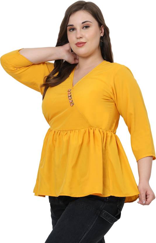Kalakaari Party Regular Sleeves Solid Women Yellow Top