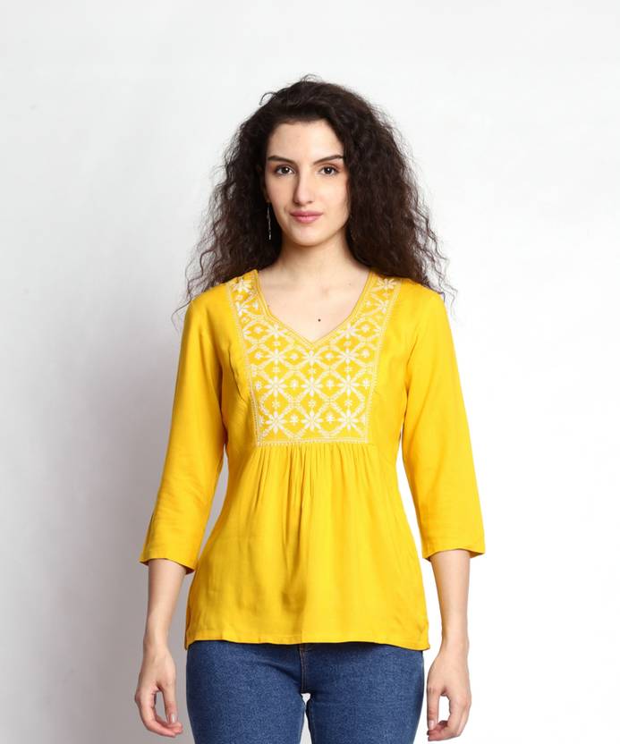 bodhaa Casual Embroidered Women Yellow Top