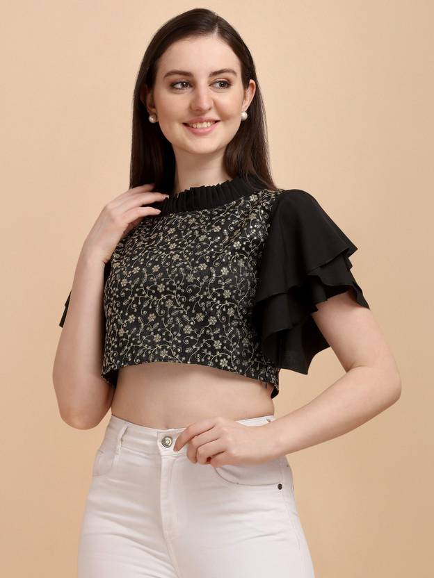 Party Flutter Sleeves Embroidered Women Black, Gold Top