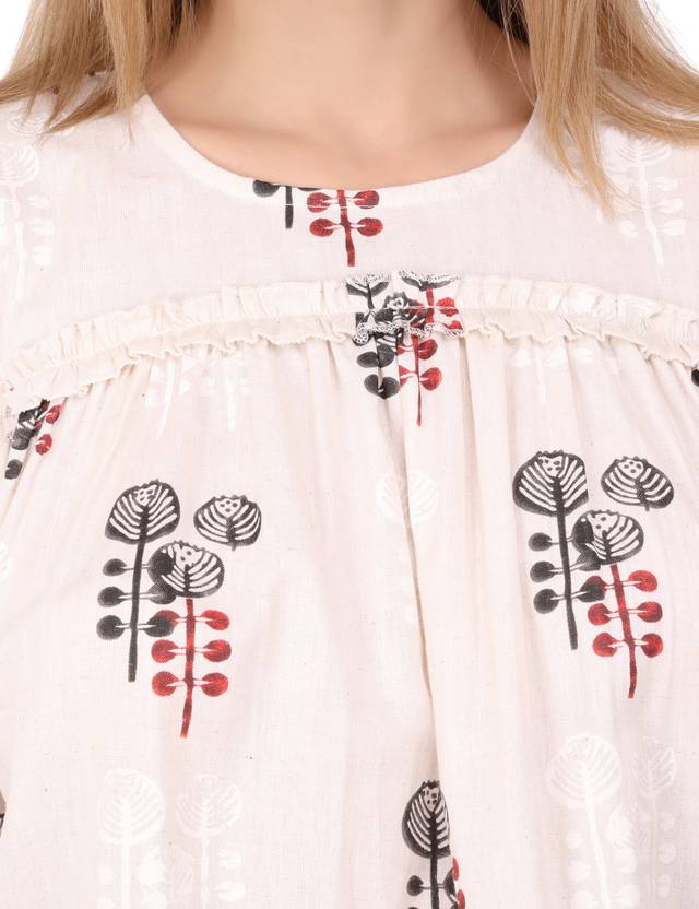 Casual Ruffled Sleeves Floral Print Women White Top