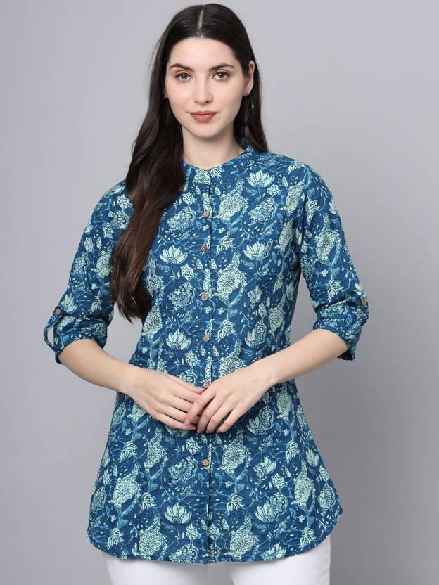 KALINI Casual Roll Up Sleeves Printed Women Blue Top