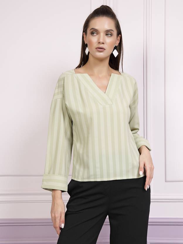 ATHENA Casual Dolman Sleeve Striped Women Light Green Top