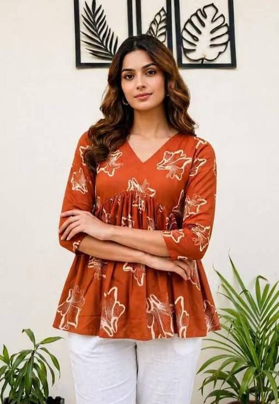aaryan Casual Regular Sleeves Floral Print Women Orange, Beige Top