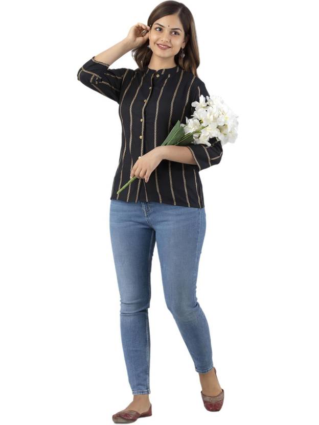 DMP EXPORT Casual Regular Sleeves Striped Women Black Top