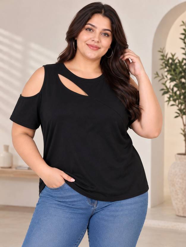 Curvy CLOSET Casual Raglan Sleeves Solid Women Black Top