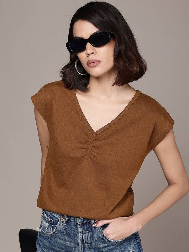 Roadster Casual Extended Sleeves Solid Women Brown Top