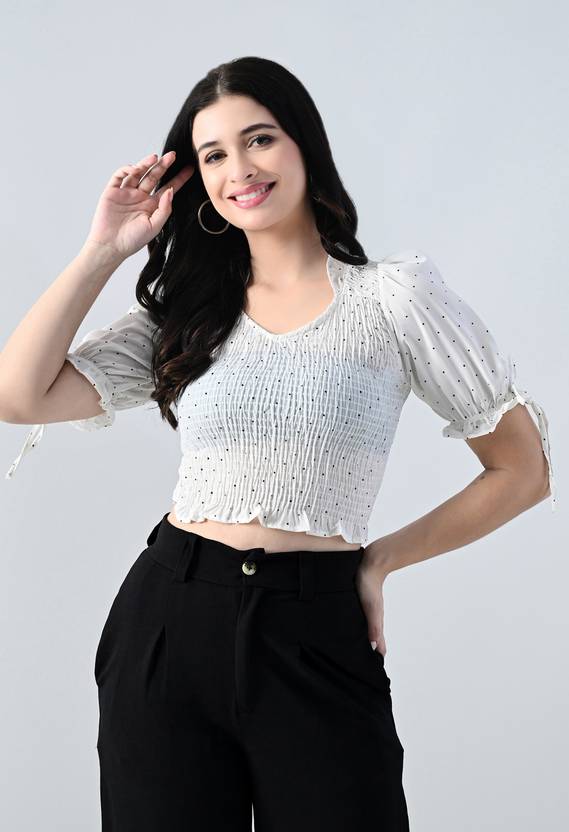 AllenQueen Casual Puff Sleeves Self Design, Polka Print Women White Top