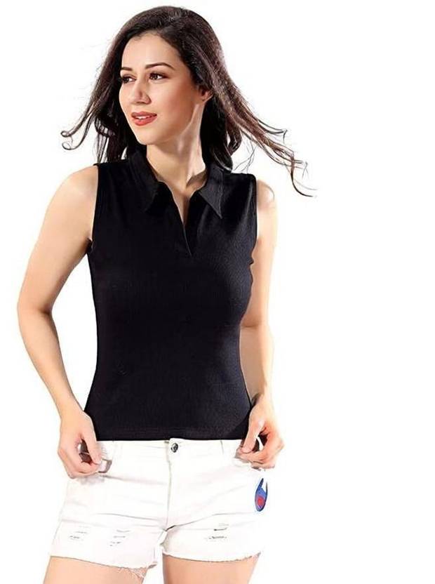 Rzlecort Casual Solid Women Black Top