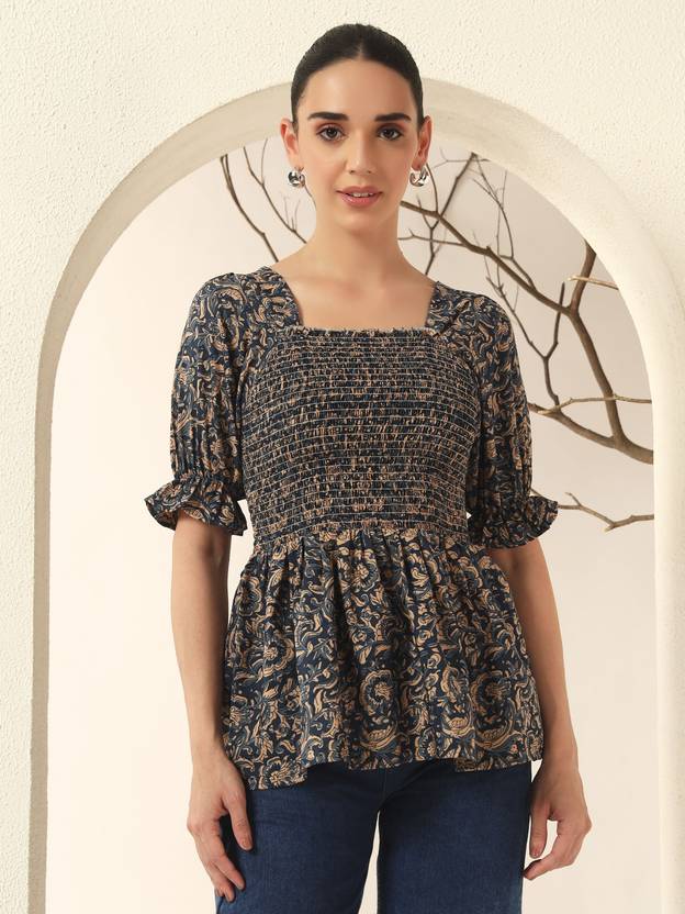 ZWERLON Casual Puff Sleeves Printed Women Blue Top