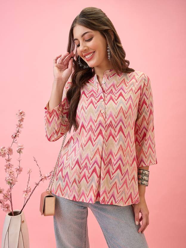 Globus Formal Regular Sleeves Chevron/Zig Zag Women Pink Top