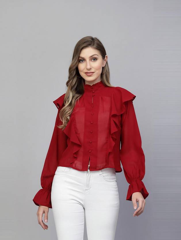 AAYU Casual Bell Sleeves Self Design Women Red Top