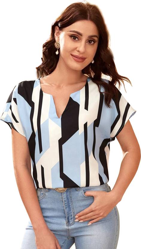 Sugathari Party Bell Sleeves Geometric Print Women Light Blue Top