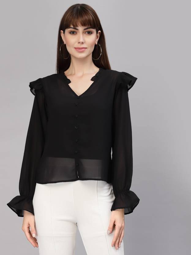 AAYU Casual Ruffled Sleeves Solid Women Black Top
