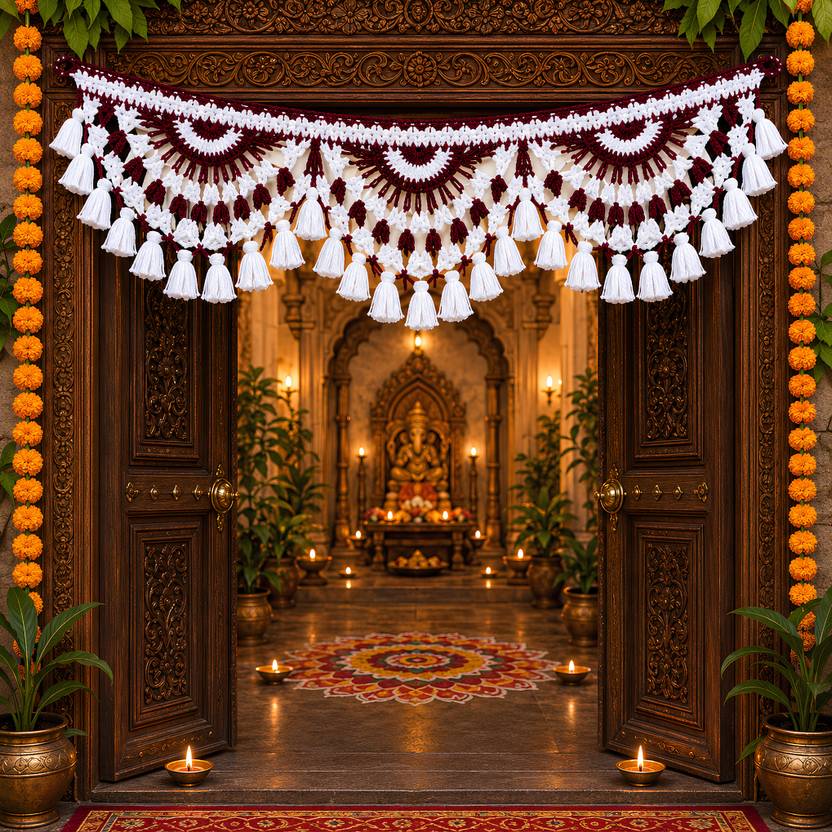VERSATILE DECORTION Traditional and Religious Maroon Colour Toran/Jhalar Made of Hand Toran