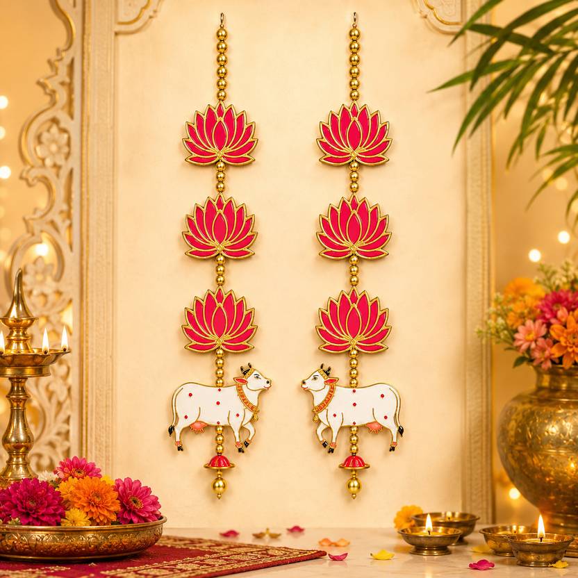 AOLTURI Decorative Hanging with Lotus and Cow Design for Home Temple Pooja Toran