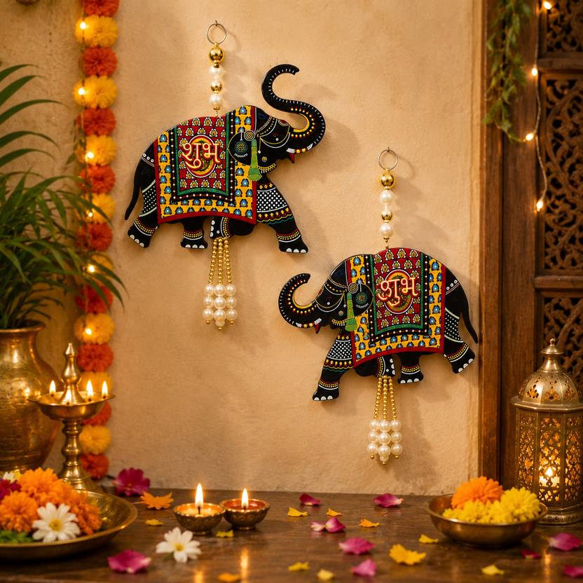 AOLTURI Elephant Wall Hanging Decoration Set of 2 for Home Decor Shubh Labh Door Hanging Toran