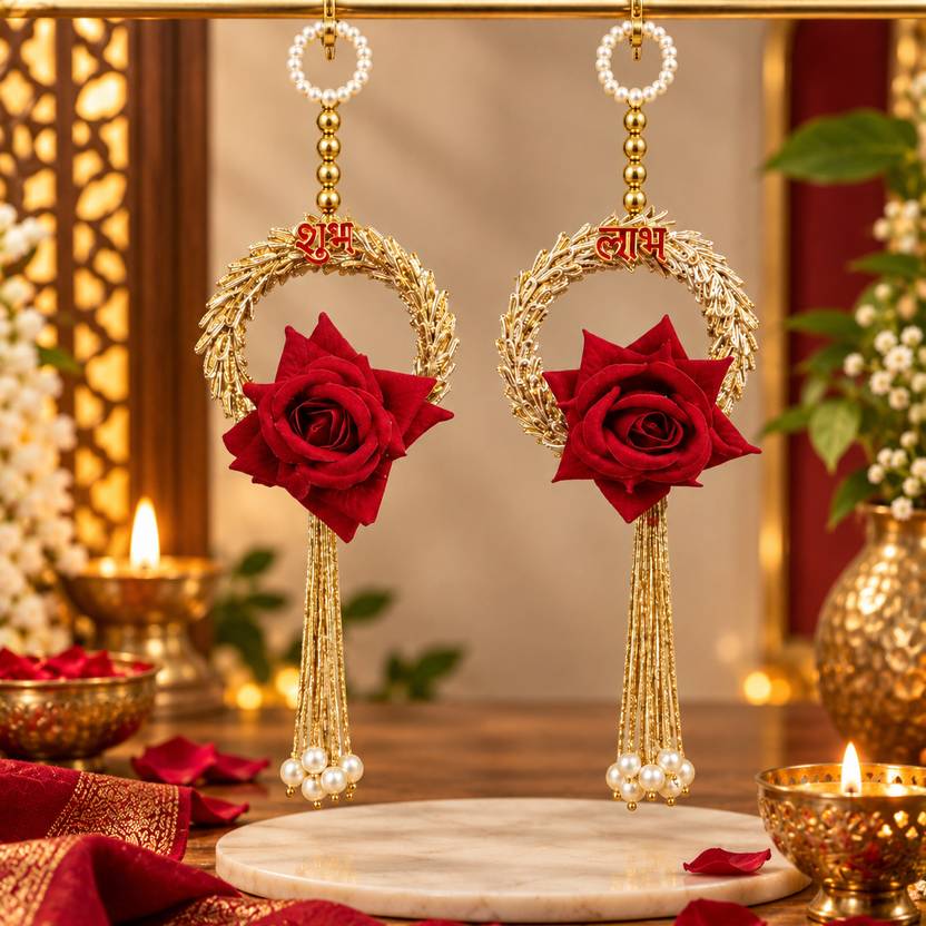 AOLTURI Shubh Labh Wall Hanging Pair with Red Rose and Golden Wreath Decorative Hanging Toran