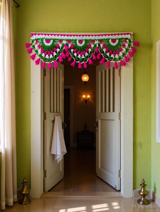 VERSATILE DECORTION Handmade Crochet Door Toran | Pink & Green Decorative Door Hanging with Tassels Toran