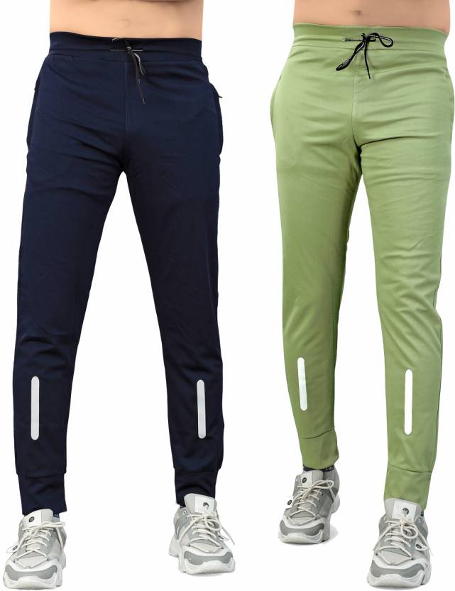 Henzila Pack of 2 Men Striped Green, Dark Blue Track Pants