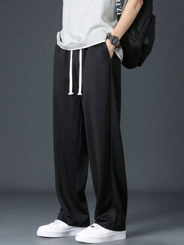 FLYNOFF Men Solid, Self Design Black Track Pants