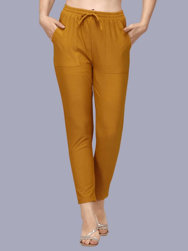 fithub Women Relaxed Yellow Cotton Blend Trousers