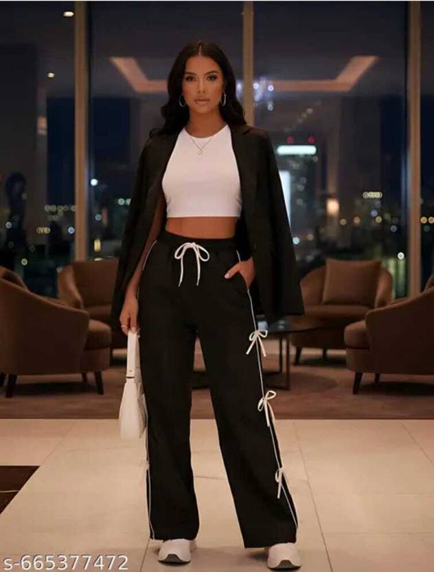 Ajhu Women Solid Black Track Pants