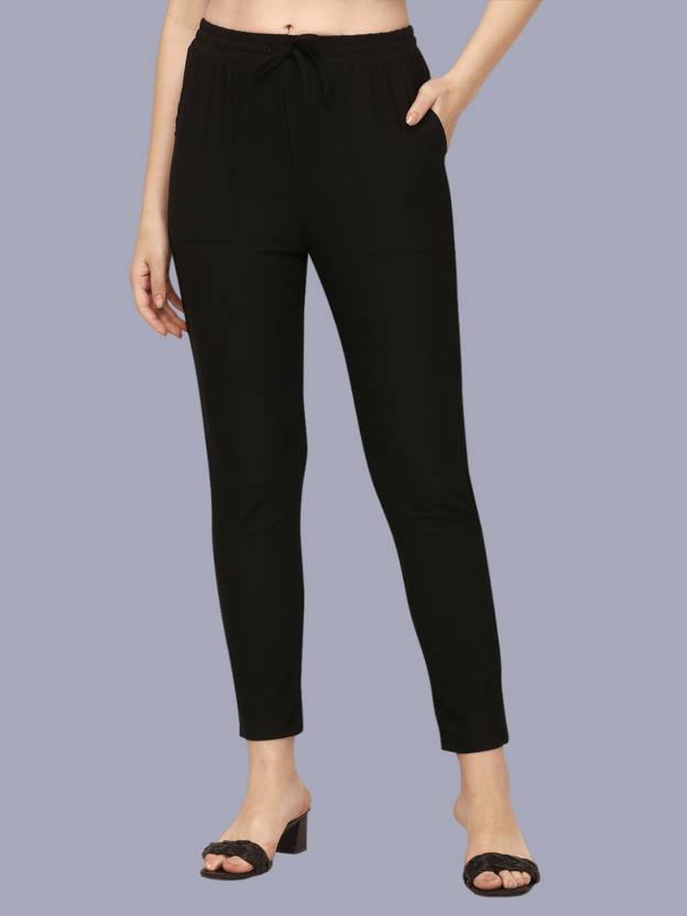 fithub Women Relaxed Black Cotton Blend Trousers