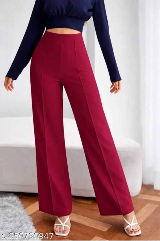 Ajhu Women Regular Fit Maroon Lycra Blend Trousers