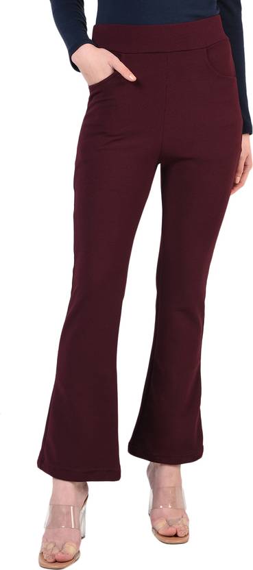 FLOREOS Women Flared Maroon Silk Blend Trousers