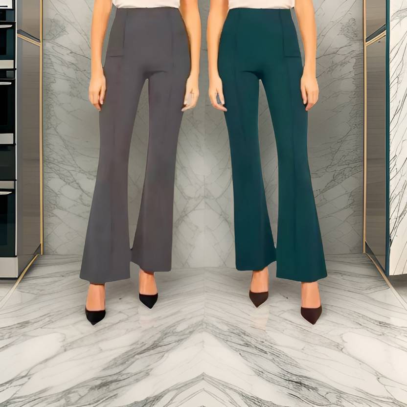 ApexDragon Pack of 2 Women Flared Grey, Dark Green Cotton Blend Trousers