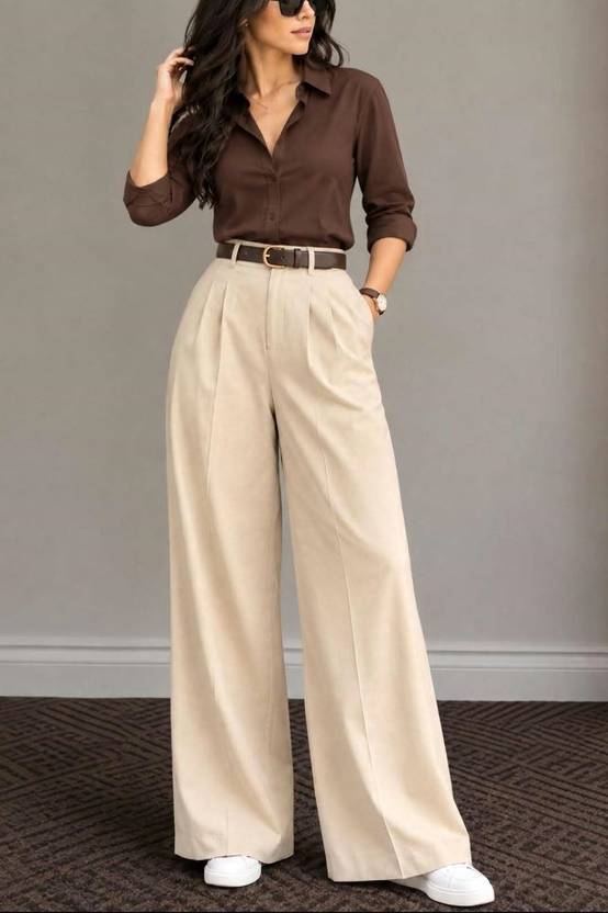 ZIYAHUB Women Loose Fit, Relaxed Beige Polyester Trousers