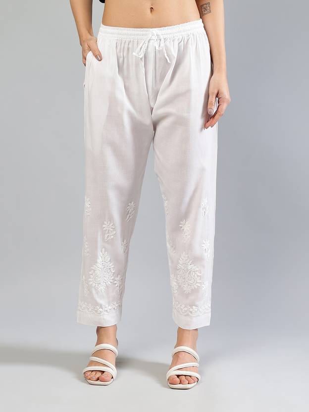Seva Chikan Women Straight Fit White Cotton Blend Trousers