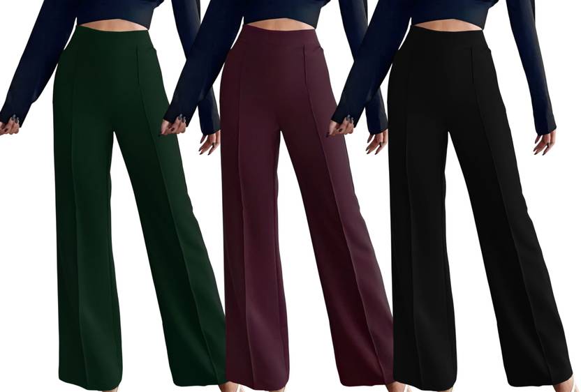 Kintu Parantu Women Regular Fit Green, Maroon, Black Polyester Trousers