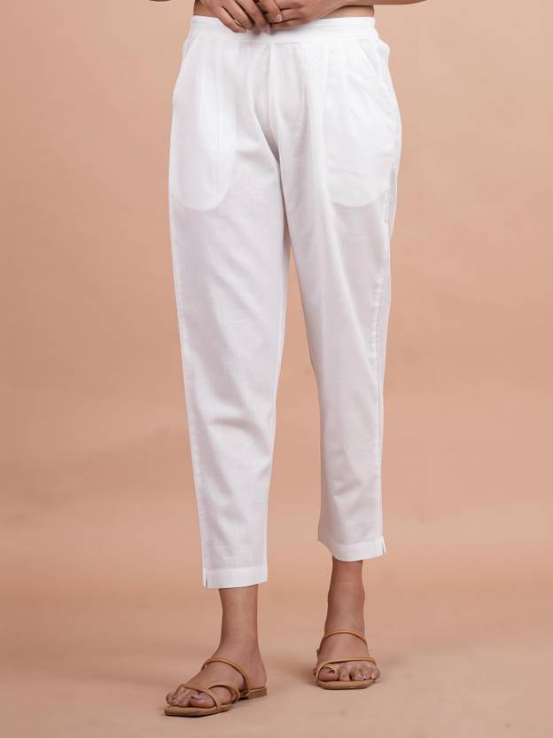 AlkaCreation Women Regular Fit White Cotton Blend Trousers
