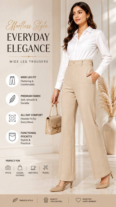 Signature fit Women Straight Fit Beige Viscose Rayon Trousers