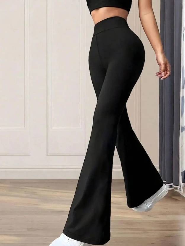 loomzy Women Flared Black Lycra Blend Trousers
