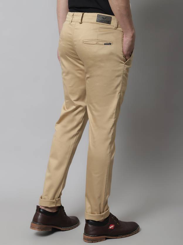 Men Slim Fit Beige Cotton Blend Trousers