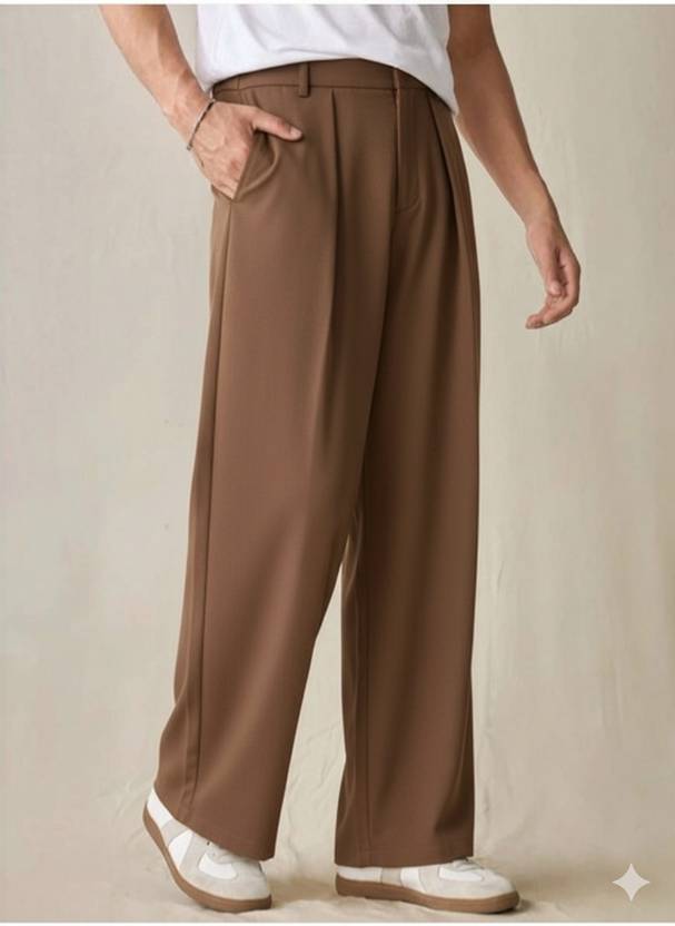 Broadstar Men Straight Fit Brown Polyester Trousers