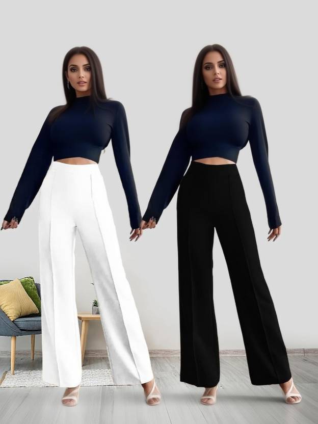 Parona Women Regular Fit White, Black Polyester Trousers