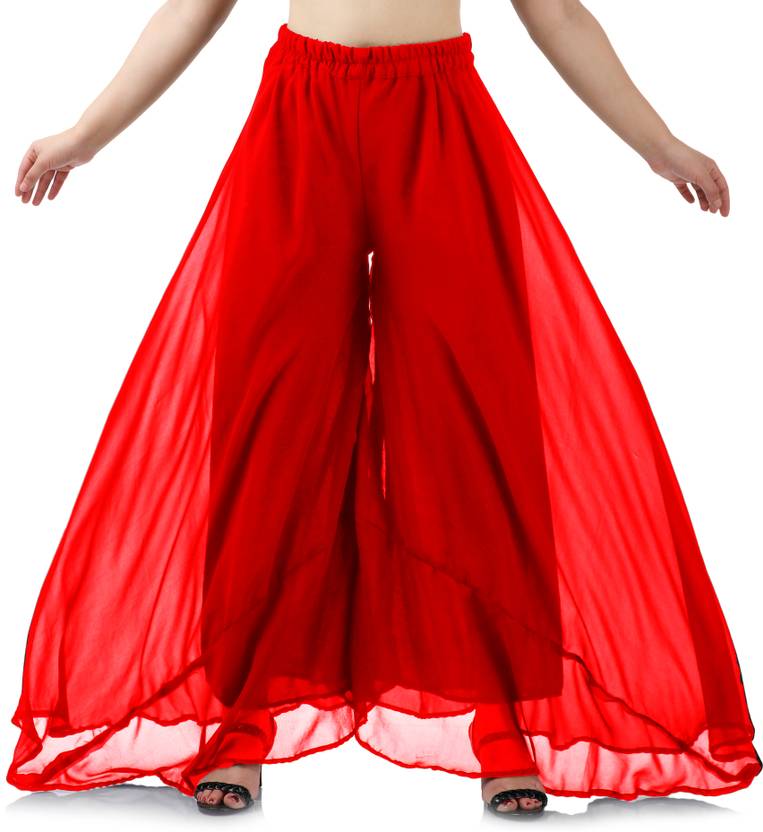 Kicha Women Flared Red Georgette Trousers